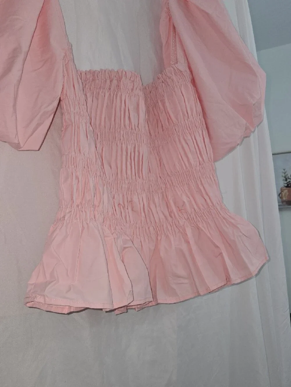 Astr Pink Smocked Peplum Puff-Sleeve Blouse